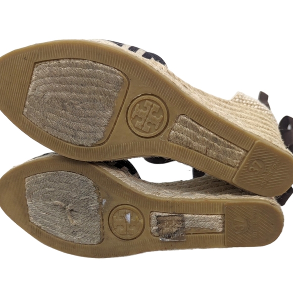 Tory Burch Wedge Espadrilles Womens 37 6.5 Black Natural Tie Ankle Heels - Picture 13 of 13